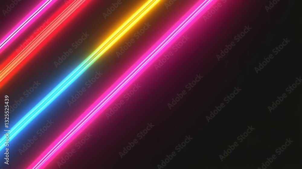 Poster colorful neon lights creating a vibrant diagonal pattern on a black background during nighttime