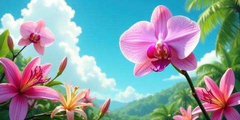 Vibrant Pink Orchids and Lilies Flourish Under a Sunny Sky, a Lush Tropical Paradise Scene