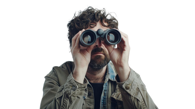 Curious man exploring with binoculars on transparent background
