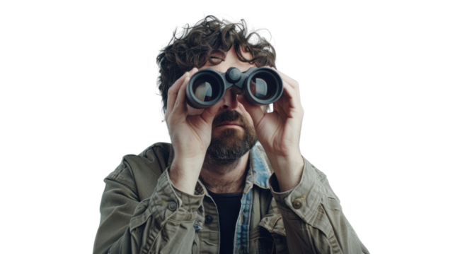 Curious man exploring with binoculars on transparent background