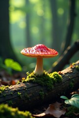 Fototapeta premium Colorful mushroom growing on mossy log in serene forest setting, showcasing nature's beauty.