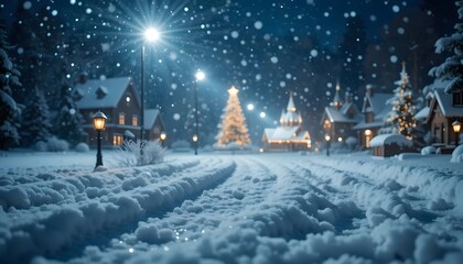 Fototapeta premium Snowy Winter Village Scene with Christmas Trees and Street Lights