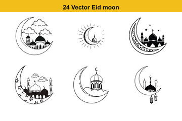 Ramadan & Eid Mubarak vector illustration,Crescent moon and star silhouette vector illustration islamic art graphic