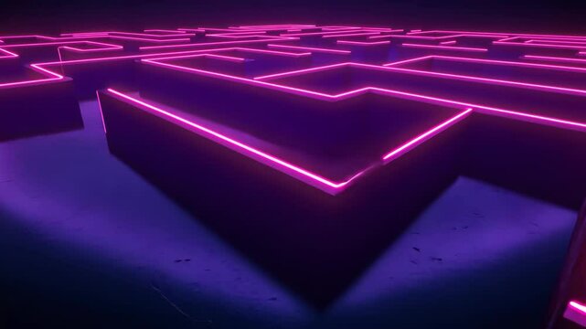 Neon lit labyrinth pathway unfolding in futuristic glowing maze at night