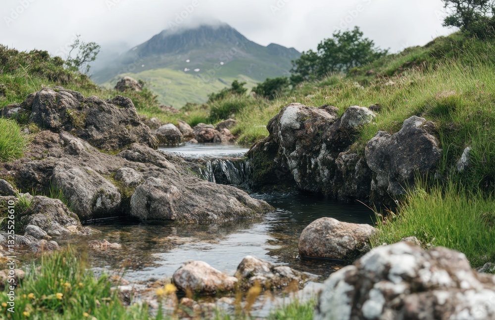 Poster serene mountain landscape with clear stream and lush greenery in a tranquil nature setting under a c