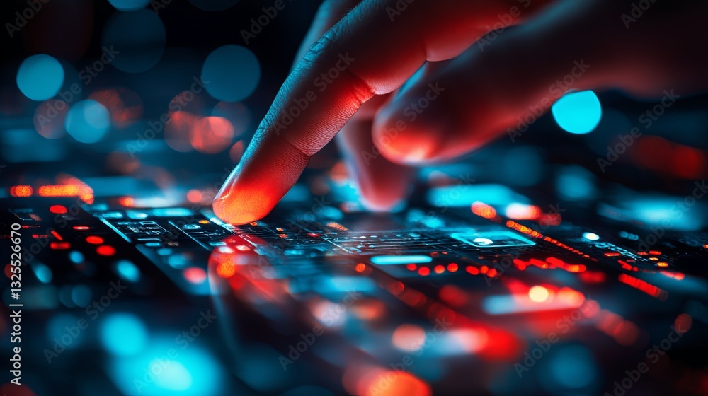 Poster touching a futuristic touchscreen interface with glowing buttons in a dark, high-tech environment