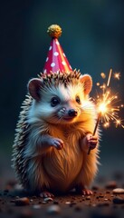 Hedgehog wearing party hat and holding a sparkler, animal wear, new years eve party