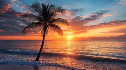 Stunning sunset over tropical beach, palm tree silhouetted against vibrant sky. Perfect for travel, vacation, or relaxation themed projects, evokes feelings of serenity and escape.