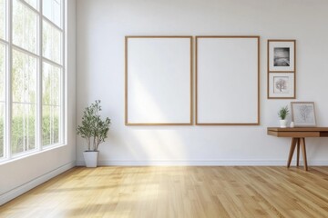 Obraz premium Bright minimalist room with large windows, wooden floor, and blank frames.