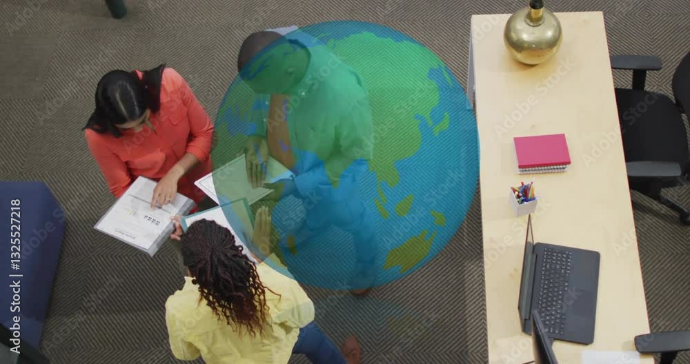 Poster diverse team collaborating at office with digital globe animation overlay
