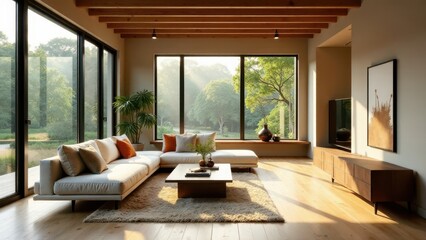 Fototapeta premium Modern Sectional Sofa in Sunlit Living Room with Expansive Windows and Wooden Accents