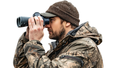 Hunter wearing camouflage using binoculars in snowy weather with transparent background
