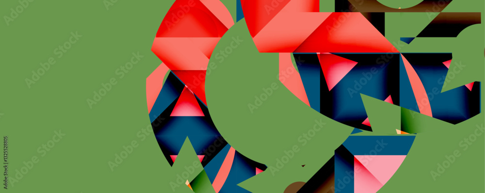 Poster Abstract geometric composition with interlocking circular and angular shapes, featuring smooth gradients and sharp contrasts on a white background