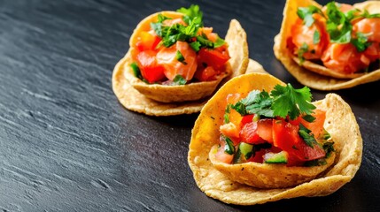 Tortilla cups filled with fresh salsa and herbs.