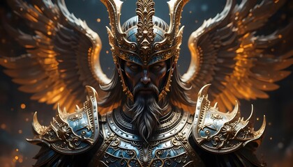 Fototapeta premium Warrior Angel Illustration in Golden Armor with Dramatic Lighting