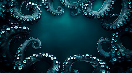 Intricate Blue Octopus Tentacles Bordering Dark Teal Backdrop Forming Circular Frame