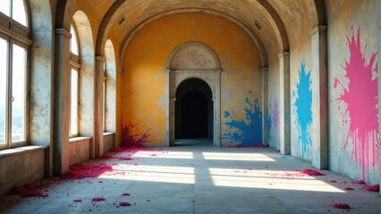 Obraz premium Spacious hall with arched windows, paint splatters, and scattered confetti on the floor.