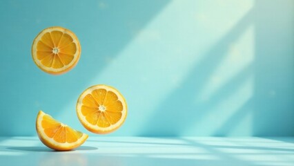 Floating Orange Slices in a Sunlit Blue Studio Setting, Perfect for Refreshing Summer Designs