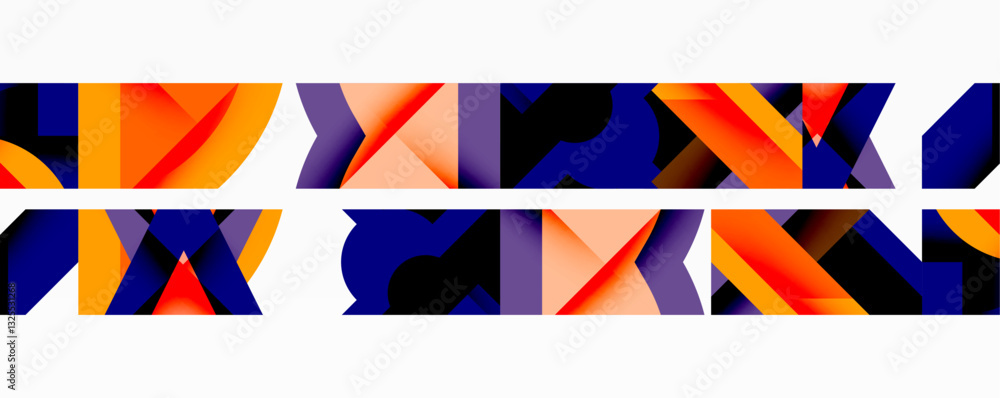 Poster Abstract geometric composition with interlocking circular and angular shapes, featuring smooth gradients and sharp contrasts on a white background