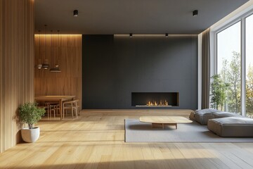 Fototapeta premium Modern living room interior with wood floor and fireplace, dining table against a dark wall, modern minimalist style home design concept