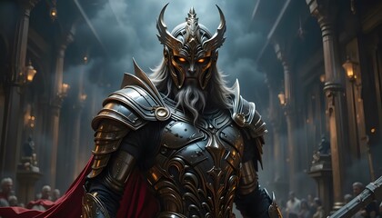 Warrior King in Golden Armor with Glowing Eyes Stands Ready