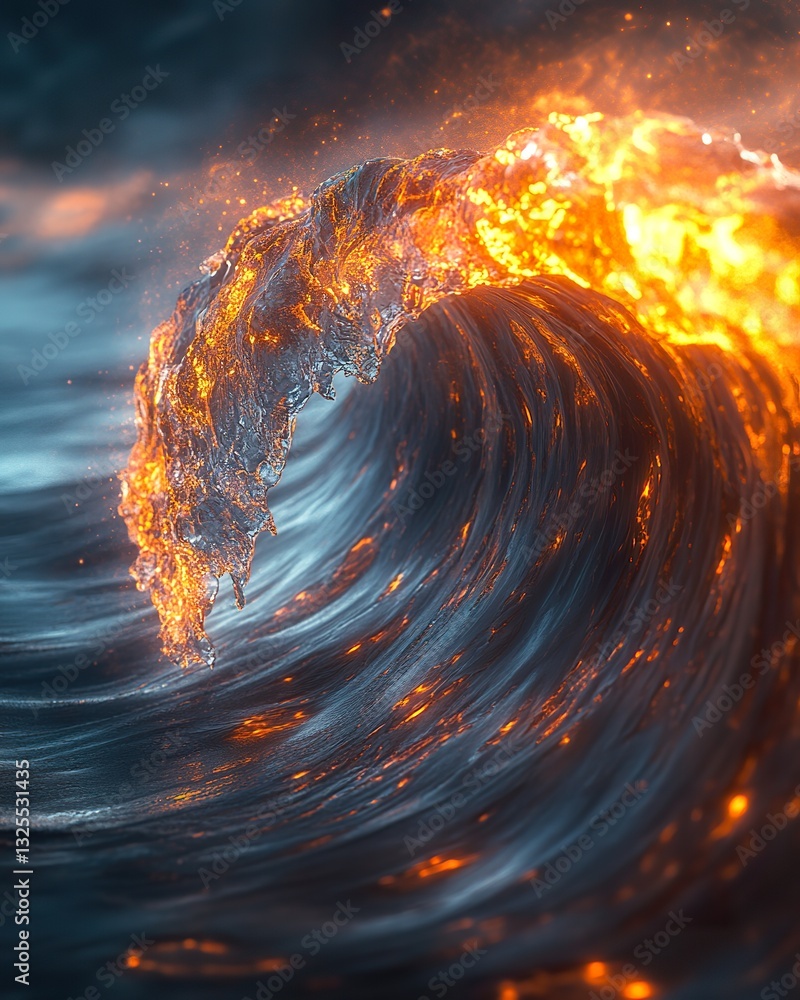 Poster a dynamic ocean wave cresting with fiery and ethereal glow