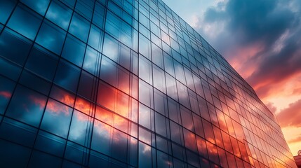 Golden sunset reflections on glass office building facade, modern business center at dusk