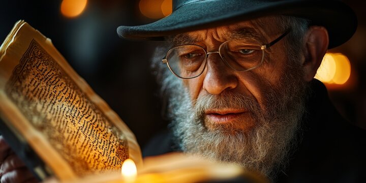 Senior jewish rabbi reading torah by candlelight during passover seder
