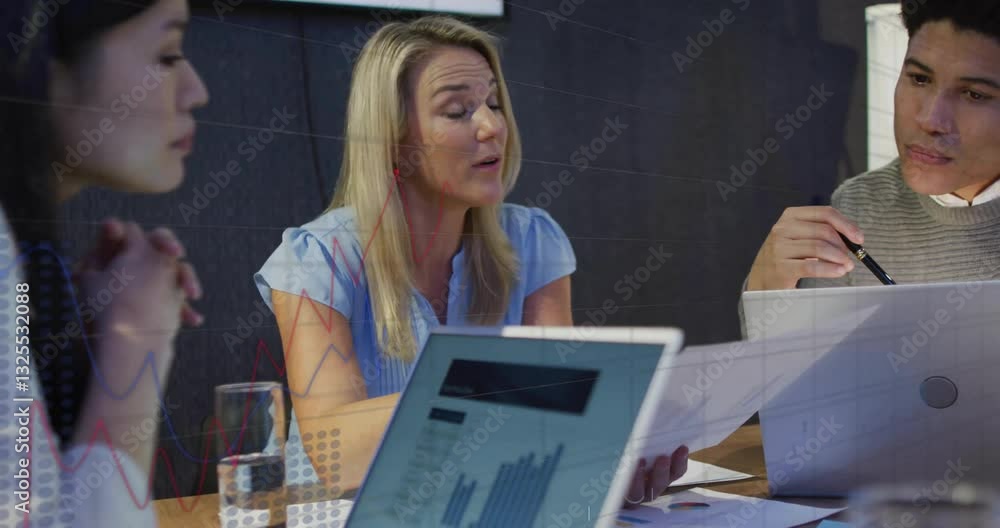 Poster discussing strategies, diverse team in meeting with financial graphs animation overlay