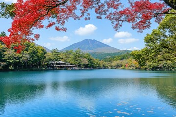 Serene lake scene with mountain backdrop. Autumn foliage frames the view