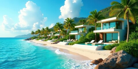 Naklejka premium Serene Coastal Villas with Private Pools and Lush Tropical Landscaping on a Pristine Beach