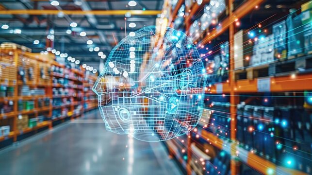 Futuristic Warehouse with Digital Global Network and Technology Graphics