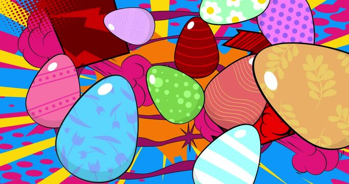 Cartoon Easter Egg, comic book holiday video. Retro comics pop art design animation.