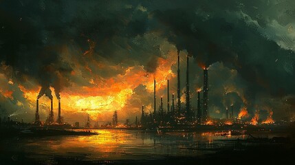 Apocalyptic industrial landscape at sunset, dark clouds, smoke stacks, pollution, fiery sky reflection on water.