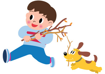 キャンプで薪を集める男の子と犬
