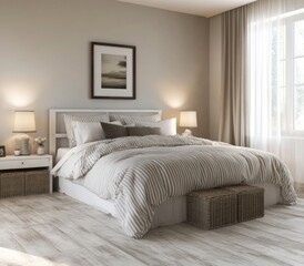 Calm, bright bedroom with striped bedding, wooden floor, and natural light.