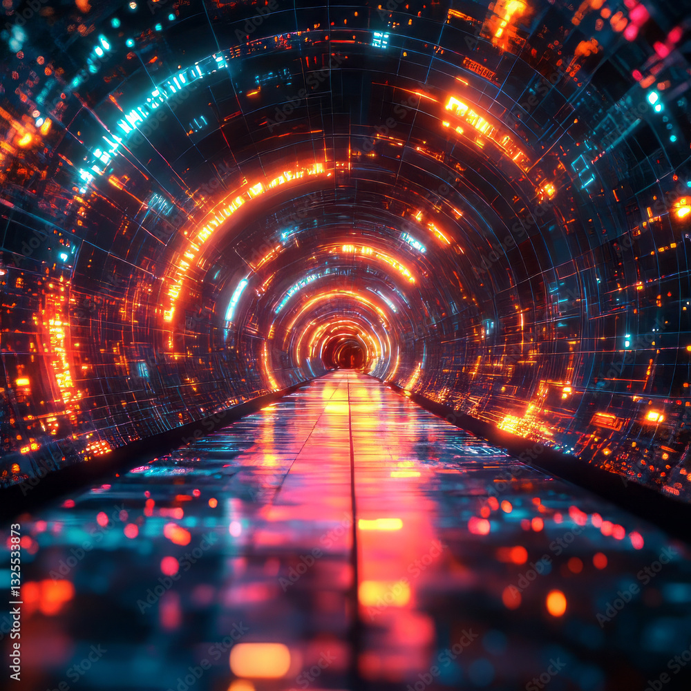 Poster futuristic tunnel with glowing grid and swirling light patterns