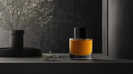 Fototapeta premium Amber perfume bottle on dark shelf with flowers