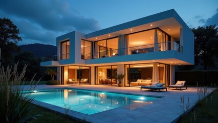 Fototapeta premium Modern Architectural Residence Illuminated at Dusk with Expansive Pool and Outdoor Lounge