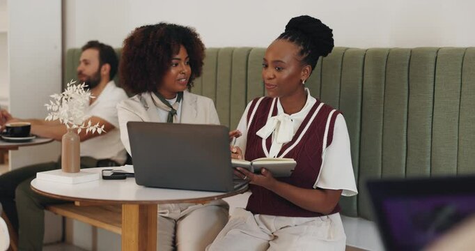 Business people, writing and discussion with laptop in cafe, article research and teamwork. Coffee shop, smile and women as journalists with digital, blog notes or planning solution for press release