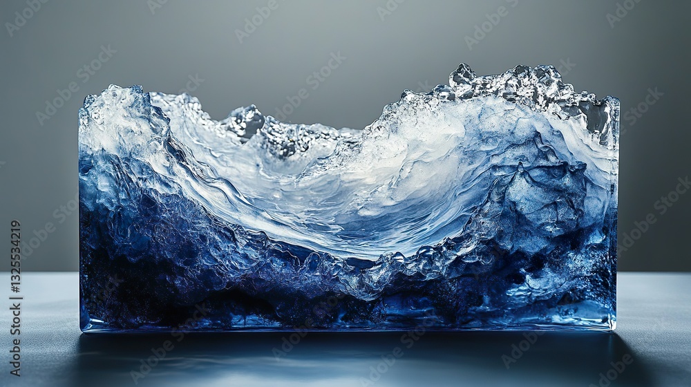 Poster a rectangular block displaying a stylized wave in shades of blue