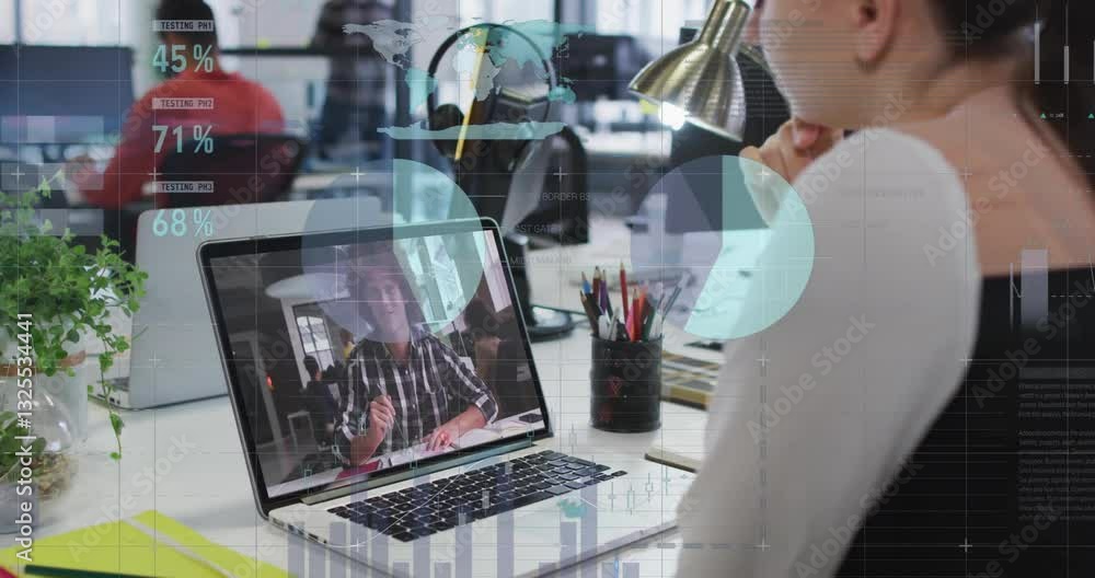 Aufkleber person watching video call on laptop with data processing animation overlay