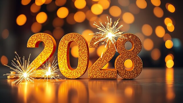 Silvester Sylvester 2028 New year New Year's Eve Party background banner panorama illustration - Abstract gold firework fireworks on dark green texture with bokeh lights