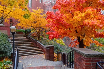 Autumnal campus steps with vibrant foliage