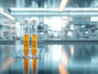 image of transparent glass test tubes with orange colored liquid sample for testing while placed on table with glassware against blurred scientific laborator - ai © nelzajamal