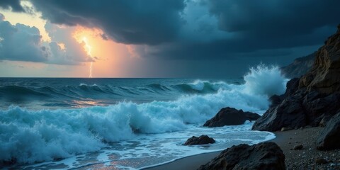 Fototapeta premium Ocean waves crashing against rocky shore during a dramatic sunset with lightning
