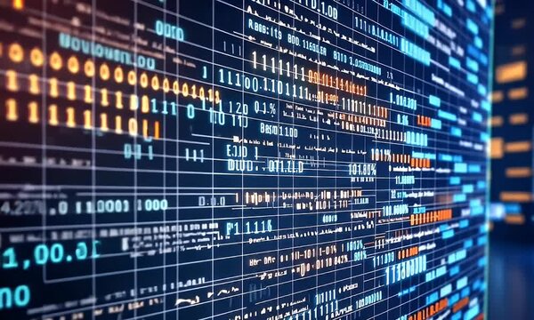 Data flows down a server array in a modern, high-tech room displaying binary code