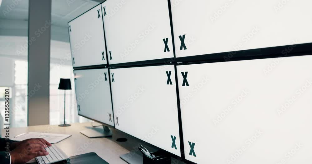 Aufkleber Typing, mockup space and hands by computer screen for online research with stock market investment. Technology, people and financial managers with blank desktop in office for report in control room