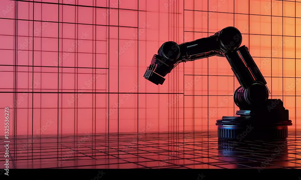 Poster futuristic robot arm in gridded neon space