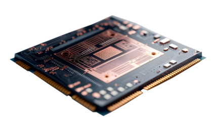 Close-up of a black circuit board,Microchip with gold connectors and intricate,Close up representation of a quantum processor,The processor is the central processing